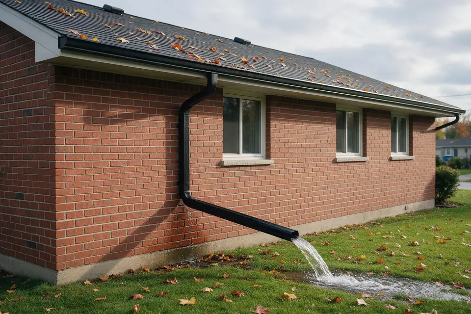 A downspout extension carrying rainwater away from a brick home's foundation